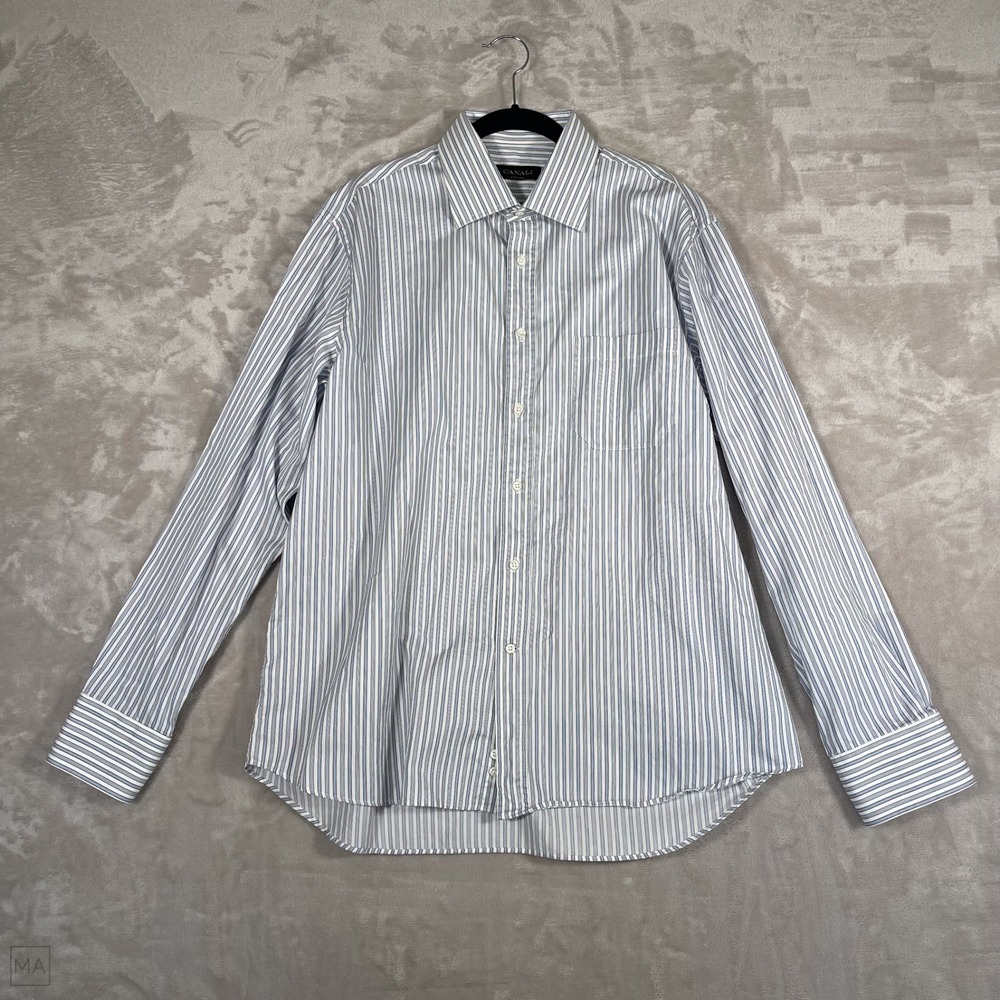 Canali Men's Shirt Button Up Stripes Office Business 44_17.5 Blue/Brown/White